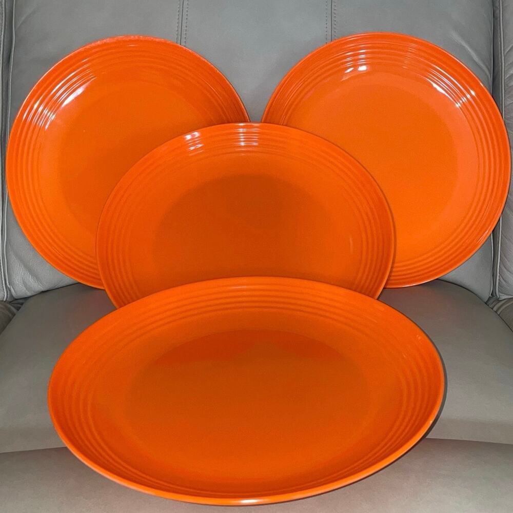 Set of 4 Melange Neon Tangerine 11” Coupe Ribbed Melamine Plates Y2K Style Retro